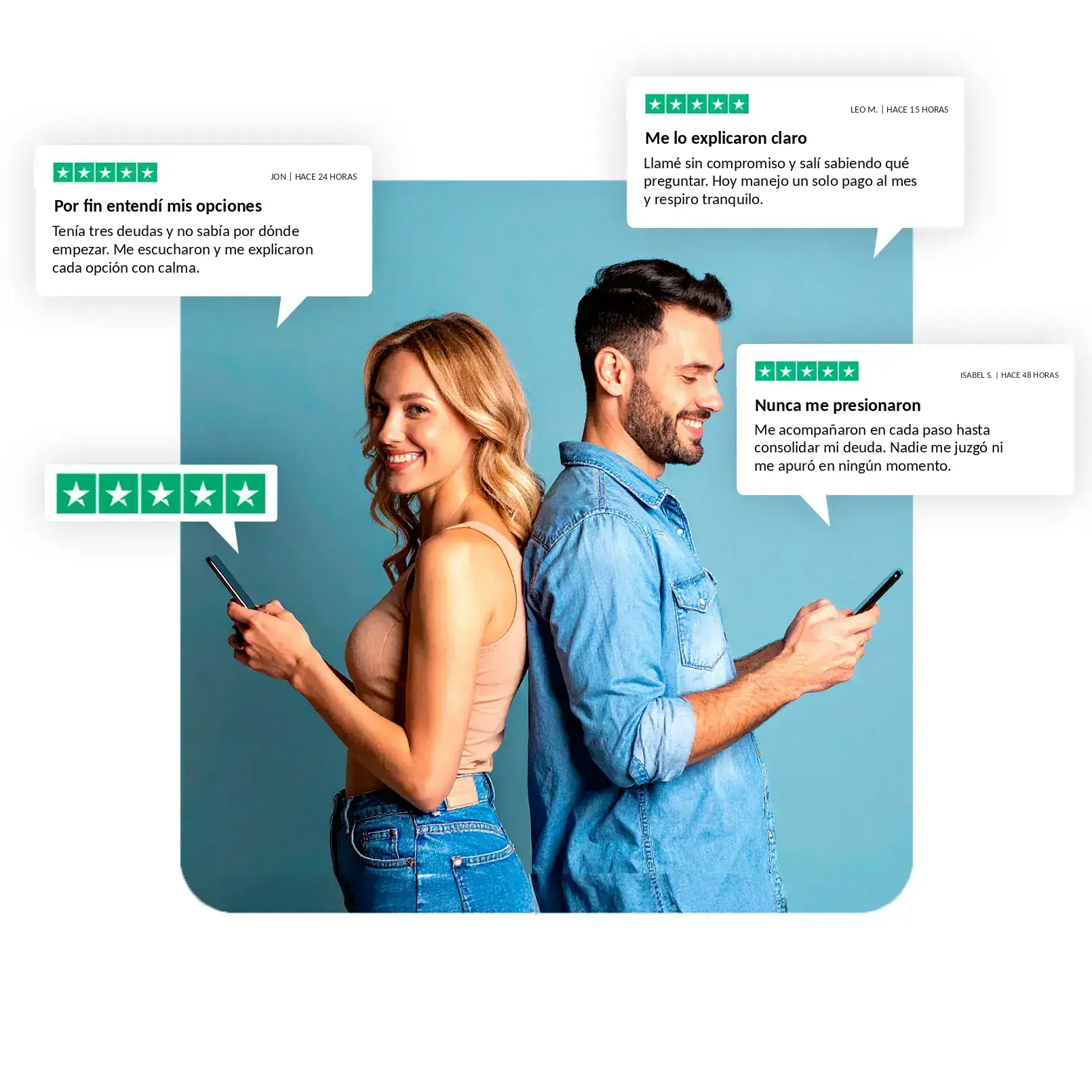 A woman and a man, back to back, each looking at their phone.